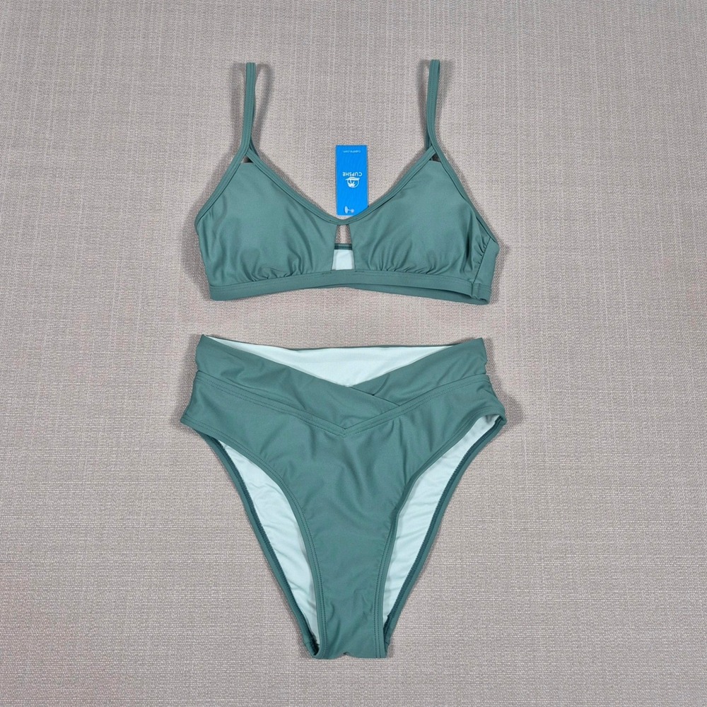 Cupshe Green High Waisted Crossover Bikini Set Cutout Top Small